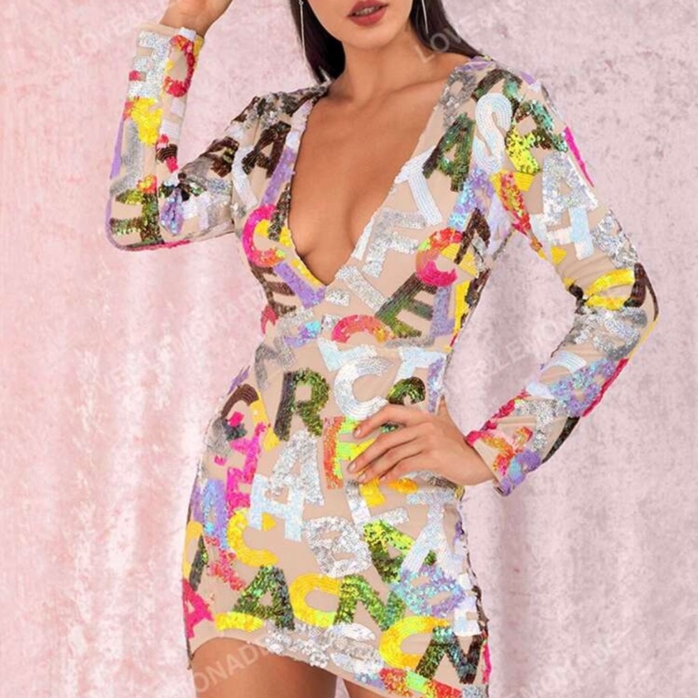 Cut Out Letter Sequins Bodycon Mini Dress